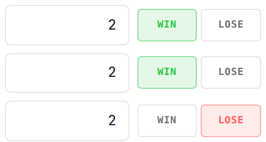 Three decimal odds fields at 2.00, with green WIN buttons selected for the first two selections and a red LOSE button selected for the third
