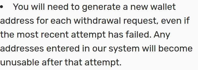 Official Bovada instructions requiring a new cryptocurrency receiving address