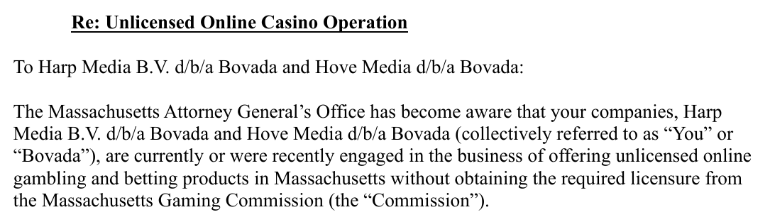 Excerpt from the Massachusetts cease-and-desist letter concerning Bovada