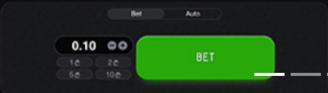 English Aviator bet panel crop showing the stake amount, BET button and Auto tab