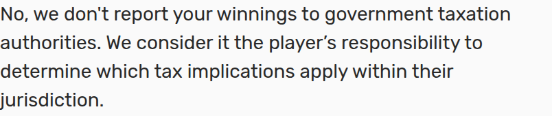 Bovada’s official FAQ answer describing its government-reporting policy and the player’s responsibility