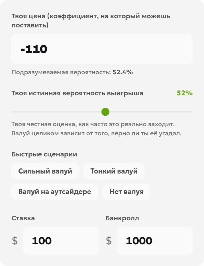 Ввод коэффициента −110, вероятности 52% и ставки 100 в ручном режиме калькулятора