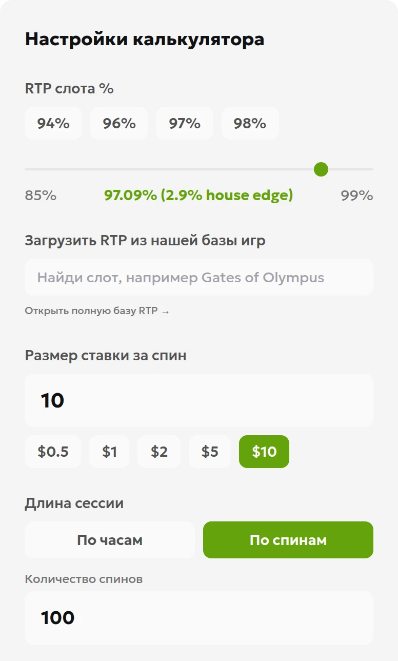 Учебный снимок русского калькулятора теоретической отдачи: значение 97,09 процента, ставка 10 и 100 спинов