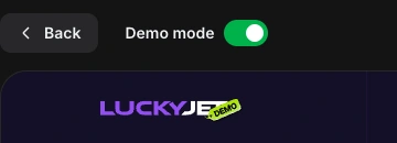 Lucky Jet Demo mode enabled with a green switch and DEMO flag
