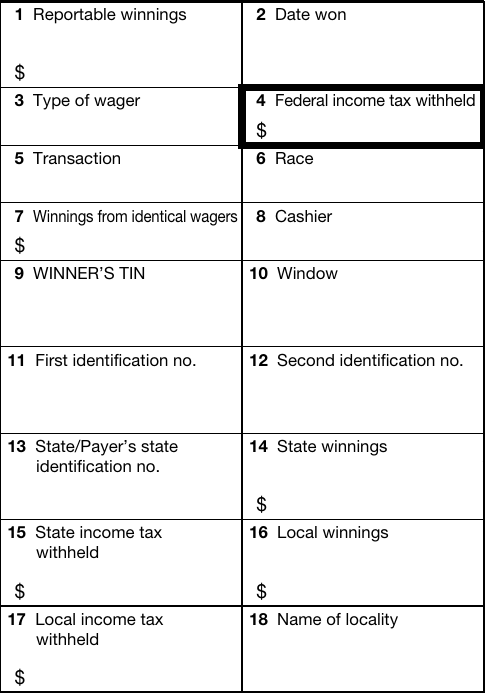 Boxes 1, 4, 14, and 15 on the blank English IRS Form W-2G