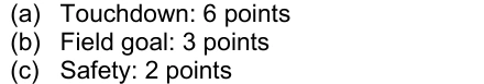 Cropped scoring list from NFL 2026 Rule 11 showing touchdown — 6 points, field goal — 3 points, and safety — 2 points