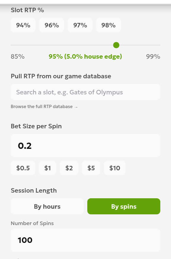 English calculator inputs showing hypothetical 95% RTP, a $0.20 stake and 100 spins