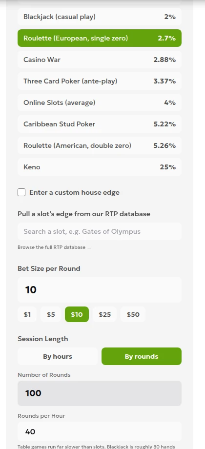 Calculator inputs showing European Roulette, a $10 stake and 100 rounds