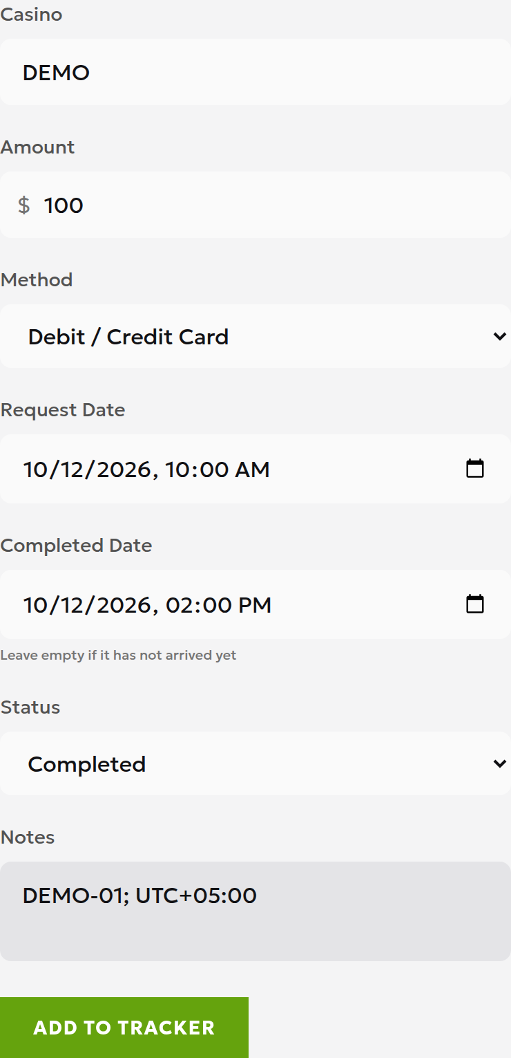 English manual journal form with a synthetic DEMO record for 100 USD, requested on 12 October 2026 at 10:00 and completed at 14:00