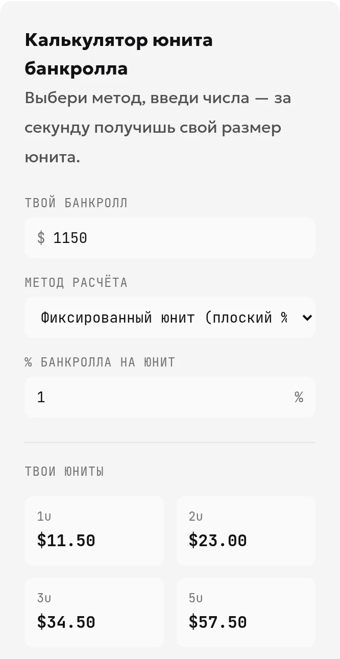 Локальный снимок интерфейса ToolsGambling на localhost: фиксированная ставка при банкролле 1150 долларов США и размере юнита 1%