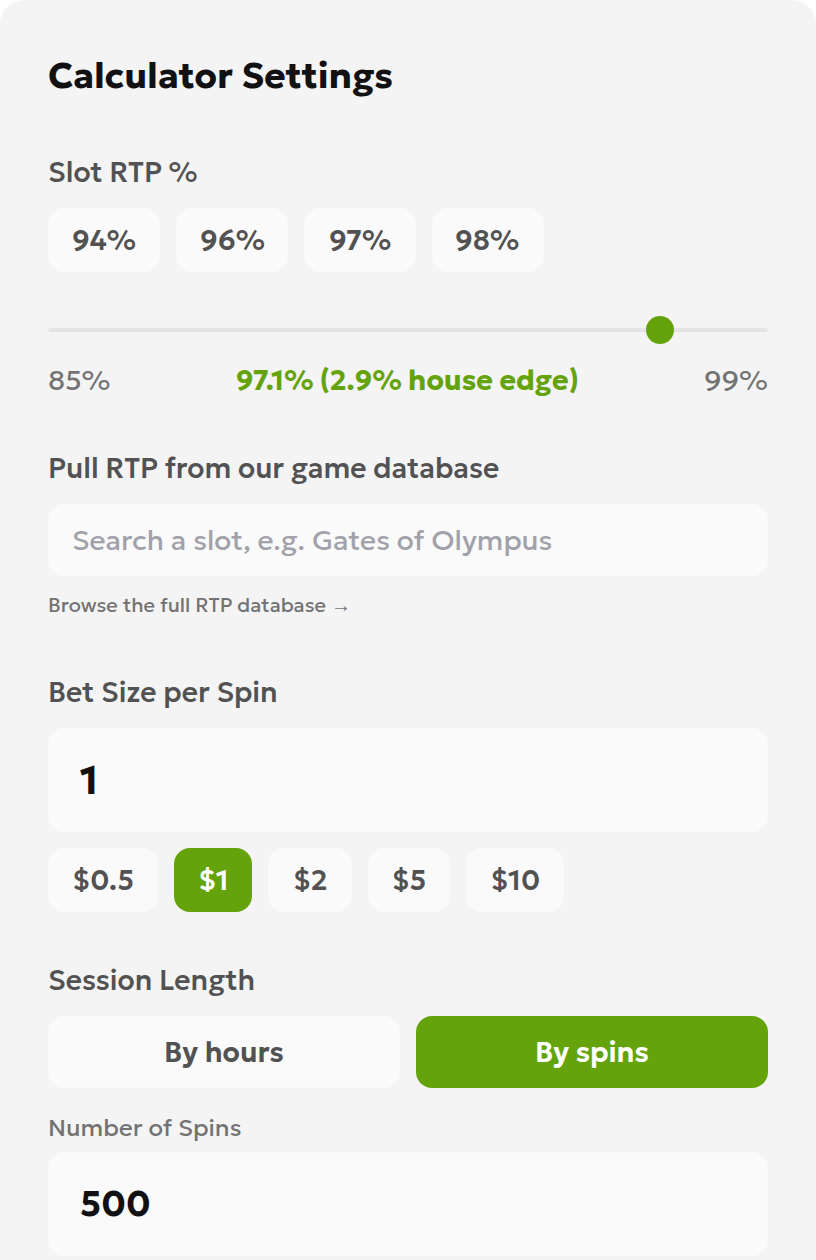 English ToolsGambling calculator inputs showing RTP 97.10%, total stake 1 and 500 spins