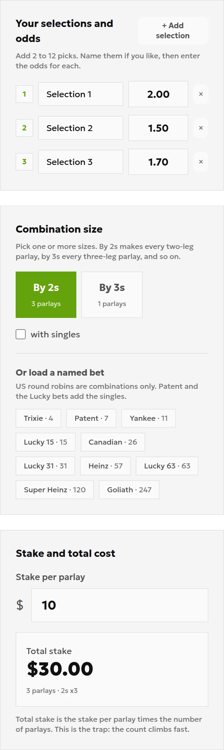 Round robin calculator inputs showing decimal odds of 2.00, 1.50 and 1.70, By 2s enabled and Stake per parlay set to 10