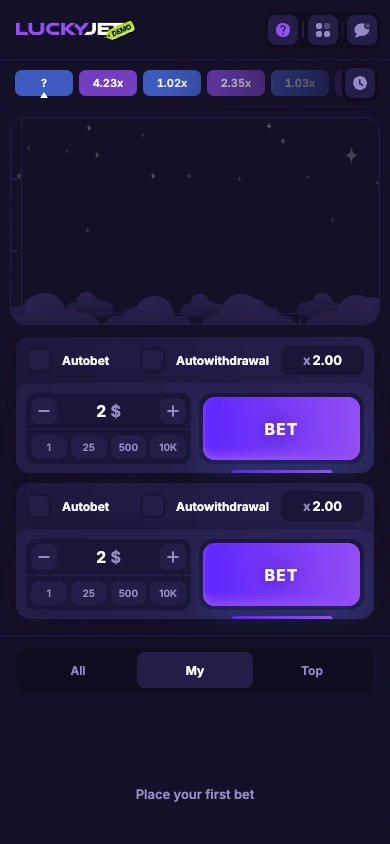 Lucky Jet mobile browser layout with vertical panels, menu at the top right and betting controls below