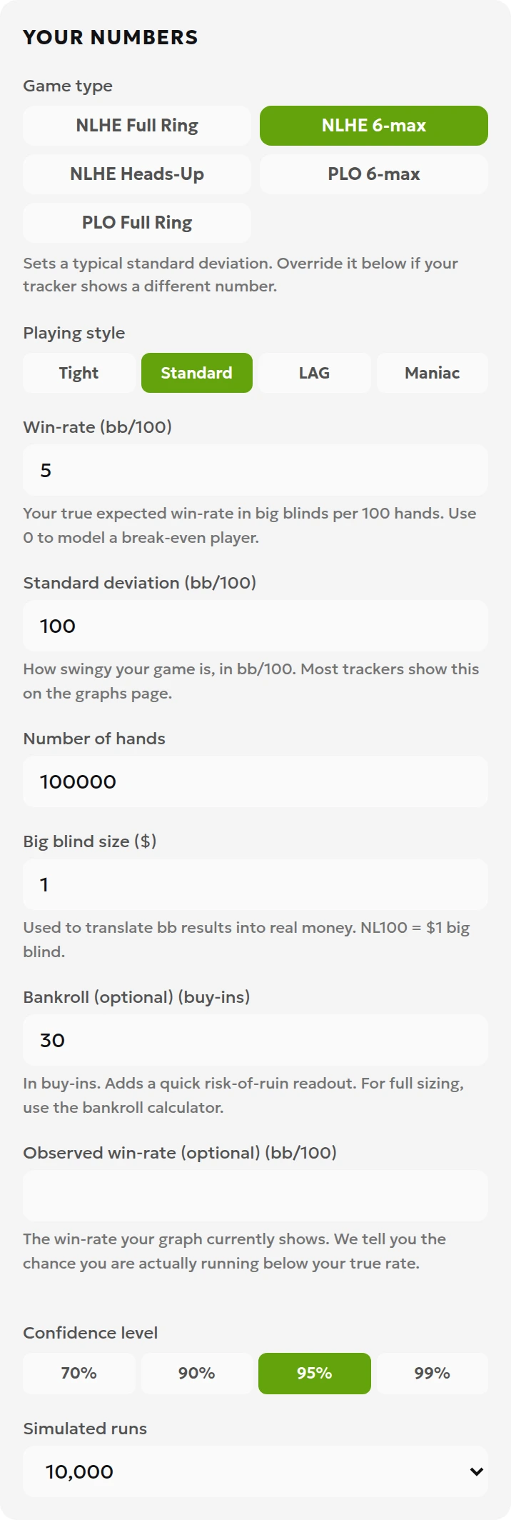 English simulator inputs showing cash game, a win rate of 5 bb/100, standard deviation of 100 bb/100 and 100,000 hands