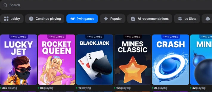 Lucky Jet, Rocket Queen, Blackjack, Mines Classic and Crash cards in the 1win games collection