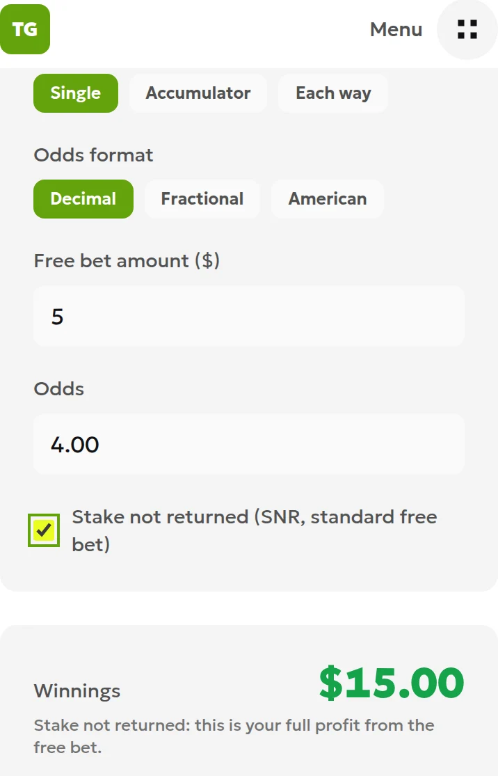 ToolsGambling free bet calculator showing an amount of 5, decimal odds of 4.00 and SNR enabled