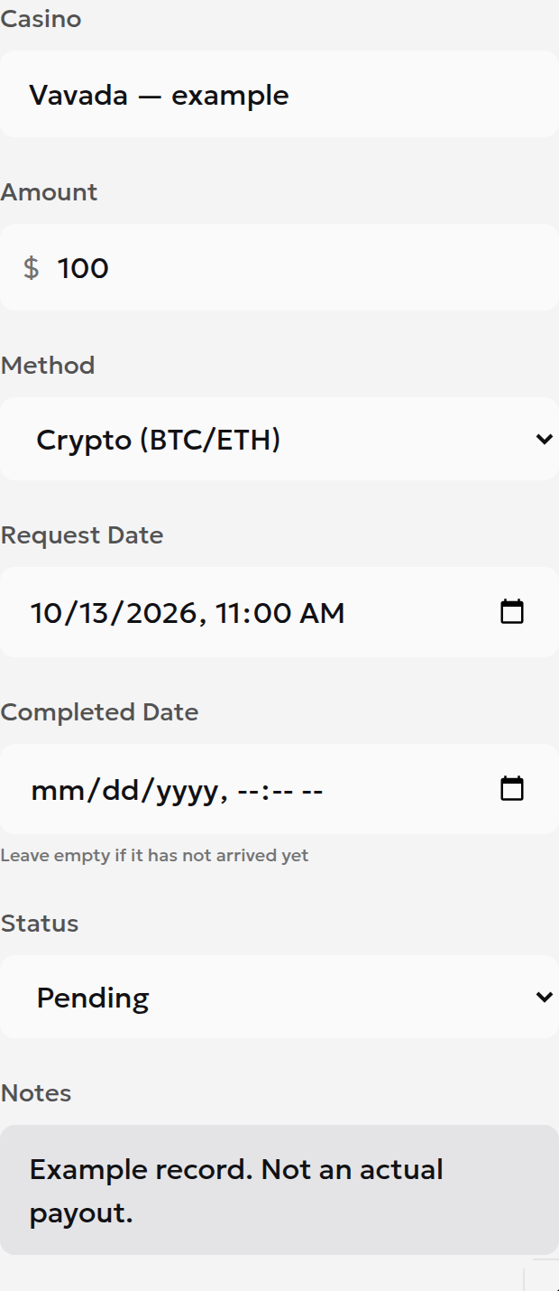 Educational Vavada example for $100 in the Withdrawal Tracker before the entry is added