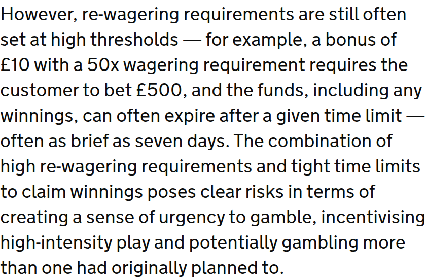 Historical English GOV.UK passage explaining 50× bonus wagering and warning about a time limit