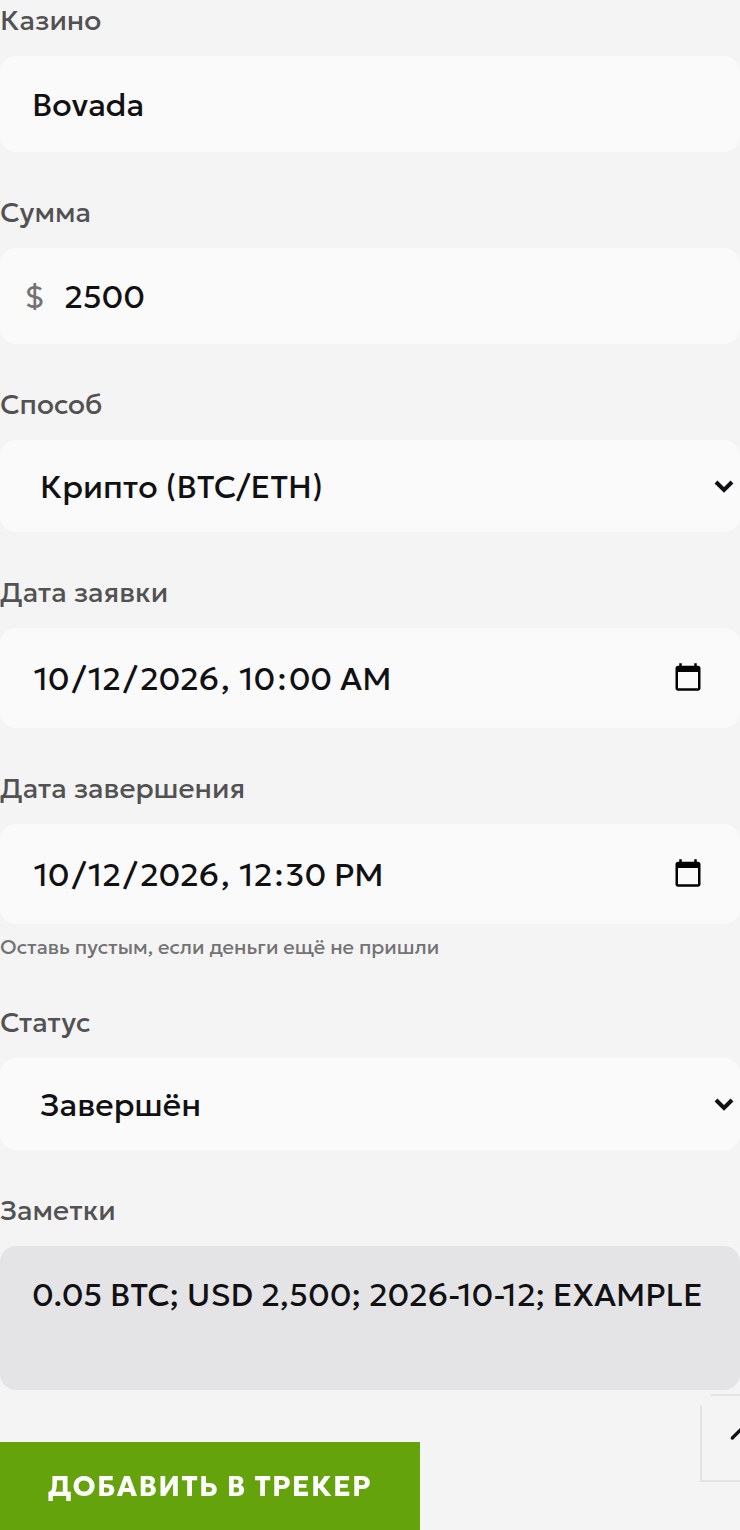 Поля русской версии трекера выводов с условной выплатой Bovada на 2500 долларов США и криптовалютным способом