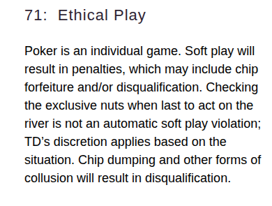 Official English excerpt of Poker TDA 2026 Rule 71 covering soft play, chip dumping and collusion