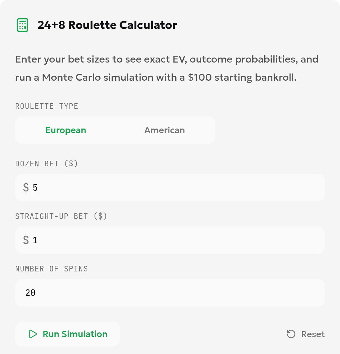 Local English 24+8 calculator inputs showing European roulette, Dozen Bet 5, Straight-Up Bet 1 and Number of Spins 20
