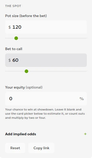 Local ToolsGambling development interface with Pot size (before the bet) set to 120 and Bet to call set to 60