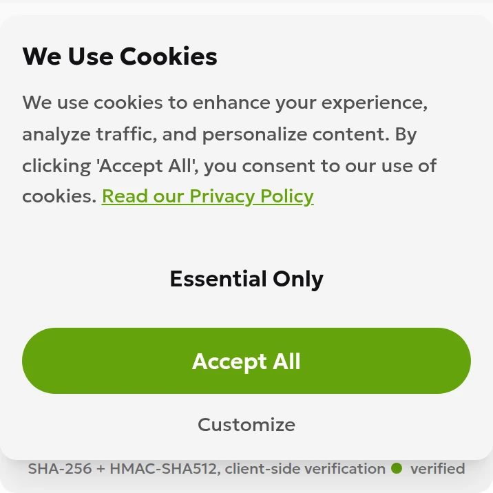 English verifier result showing matching computed and provided SHA-256 hashes
