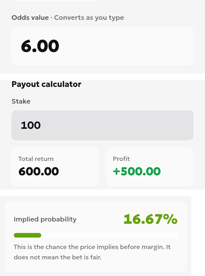 ToolsGambling odds converter showing odds of 6.00, a stake of 100, a total return of 600 and net profit of 500