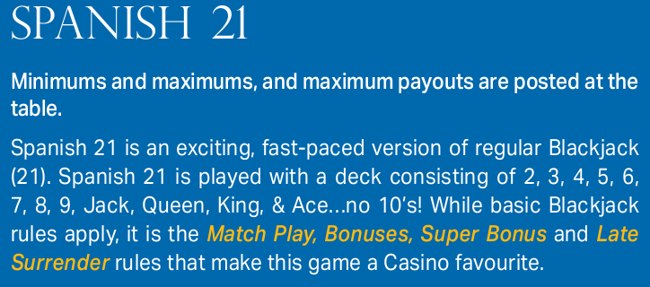 Official English-language Spanish 21 source showing the deck composition
