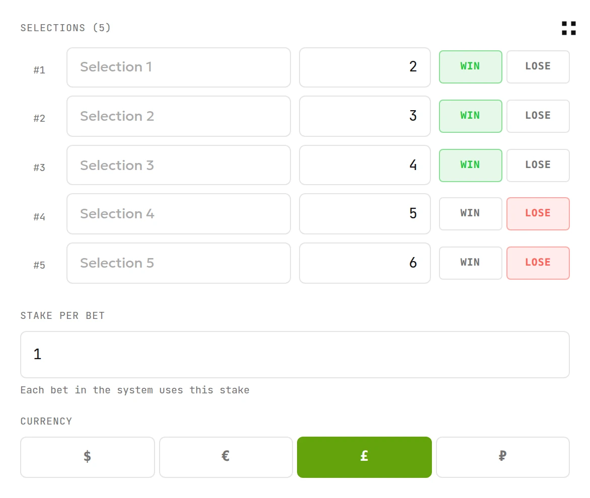 Canadian calculator inputs with odds 2, 3, 4, 5 and 6, three wins, two losses and £1 per bet