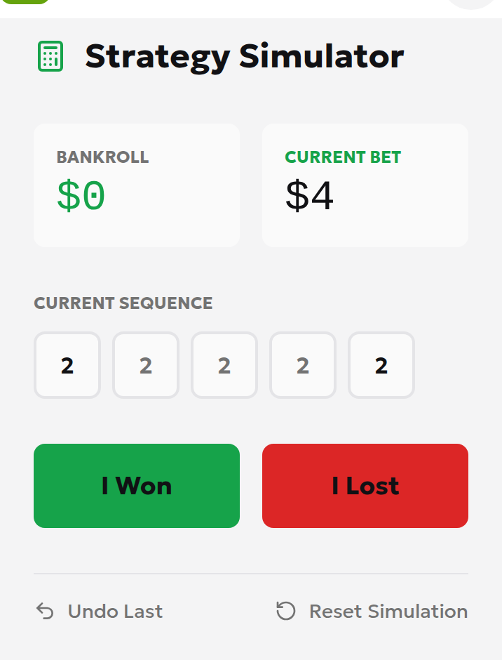 English Labouchère calculator showing a 10 target, five 2s and a 4 next stake