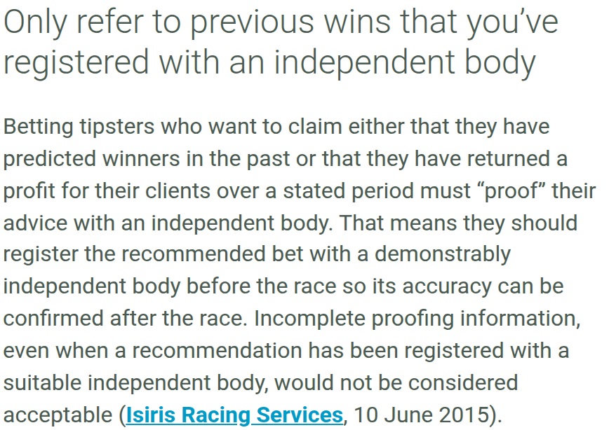 Independent proofing section on the original English CAP/ASA tipster advertising advice page