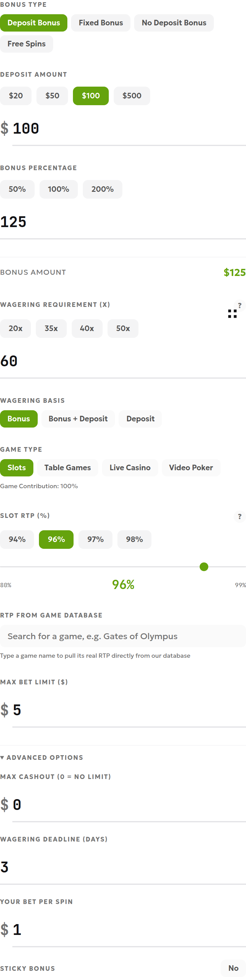 Wagering calculator inputs showing a 100-dollar deposit, 125% bonus and 60× wagering multiplier