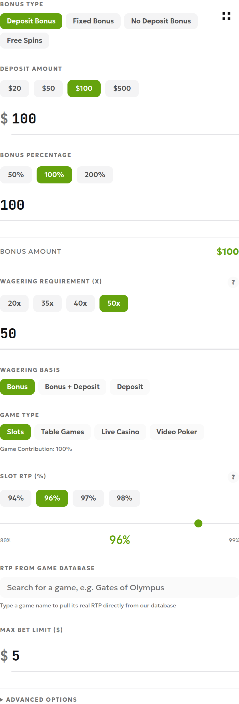 Local calculator demonstration with a 100 USD deposit, 100% bonus, 50× multiplier, bonus-only basis, slots and 96% RTP