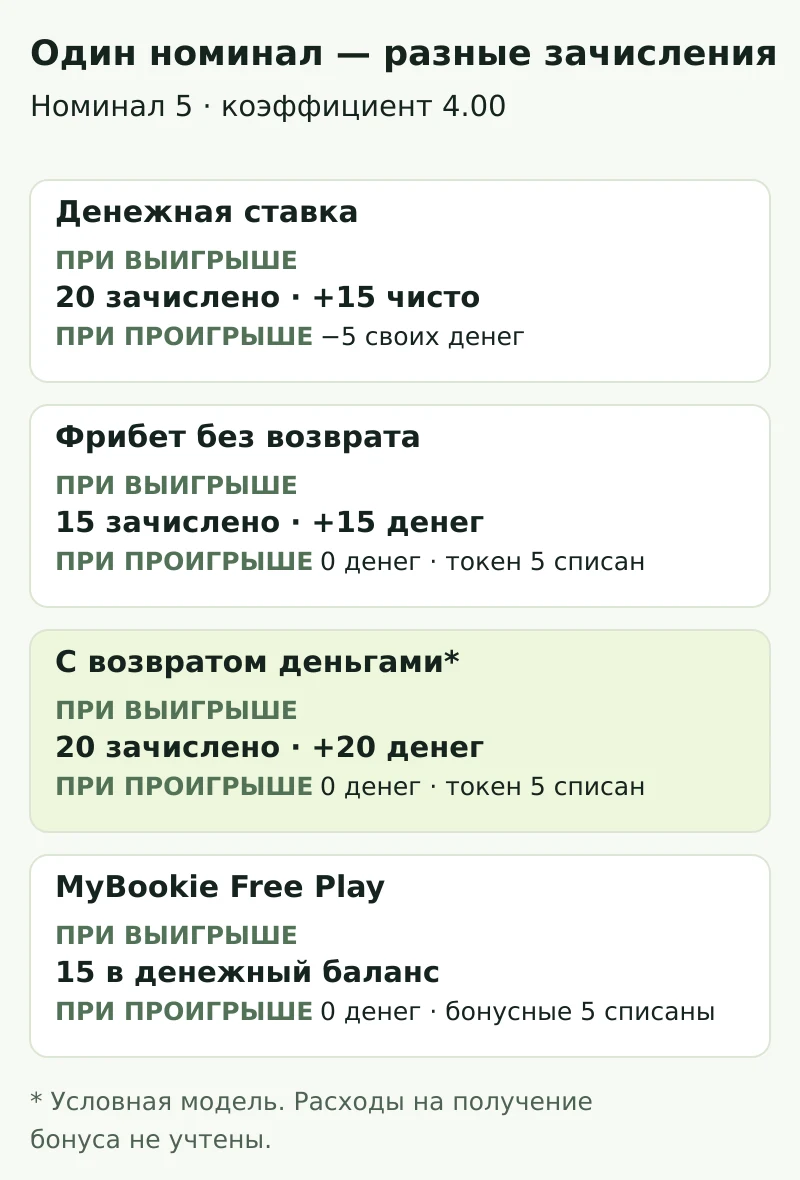 Сравнение зачислений при сумме 5 и коэффициенте 4.00: денежная ставка, фрибет SNR, условный фрибет SR и бонусные средства Free Play