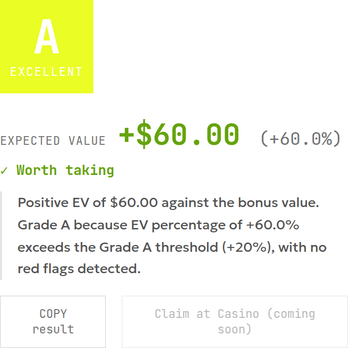 Manual calculation result showing grade A, expected value of plus 60 dollars and plus 60.0% under hypothetical terms