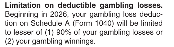 IRS Publication 505, 2026 edition, page 2 excerpt showing the gambling-loss deduction rule