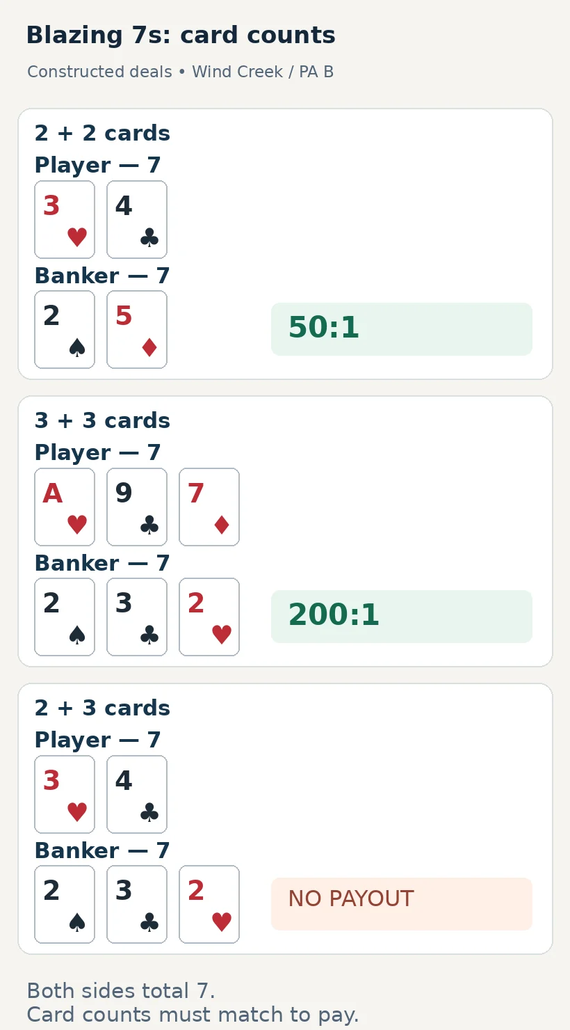 Three Blazing 7s examples with specific cards: a 7–7 total with two cards each, three cards each, and two cards on one side and three on the other
