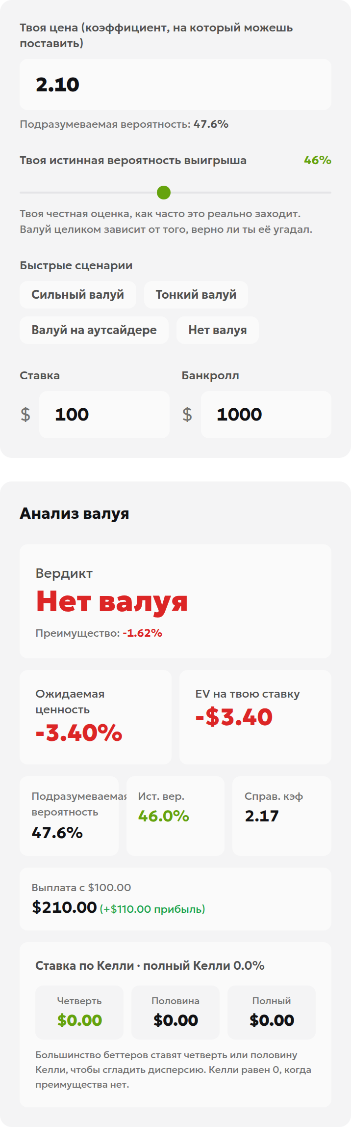 Калькулятор с коэффициентом 2.10, вероятностью 46% и ставкой 100