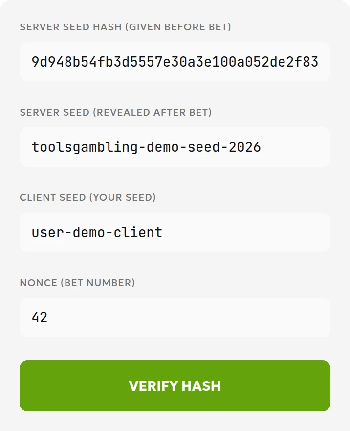 ToolsGambling example inputs showing the server seed, client seed, commitment hash and nonce