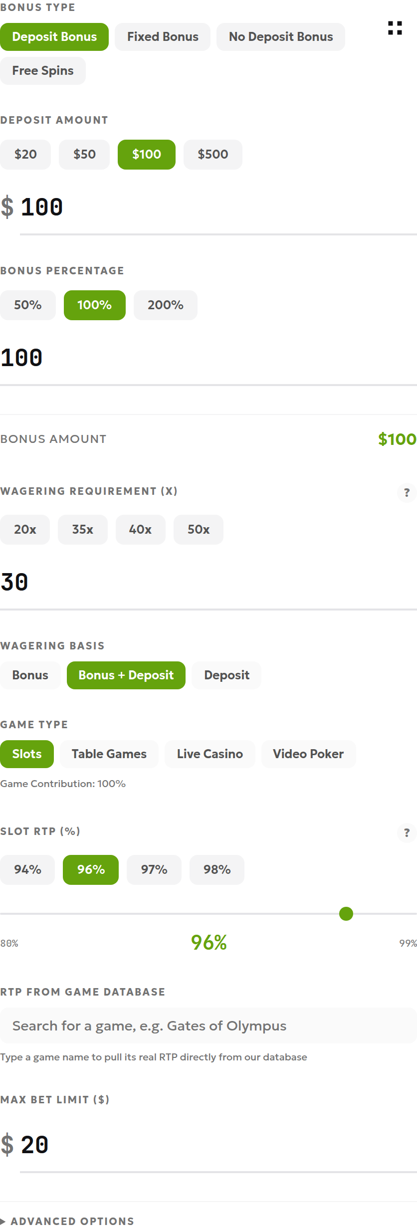 English calculator inputs for a 100 USD deposit, 100% bonus and 30x deposit-plus-bonus wagering requirement