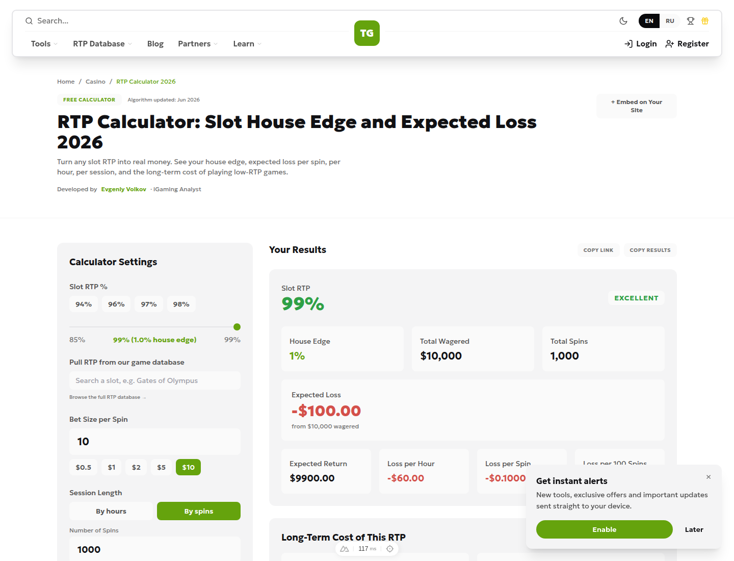 RTP calculator: the same turnover at 99% RTP, expected loss 100