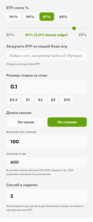 Русские поля калькулятора RTP: 97%, ставка 0.10 USD, режим «По спинам» и количество 100