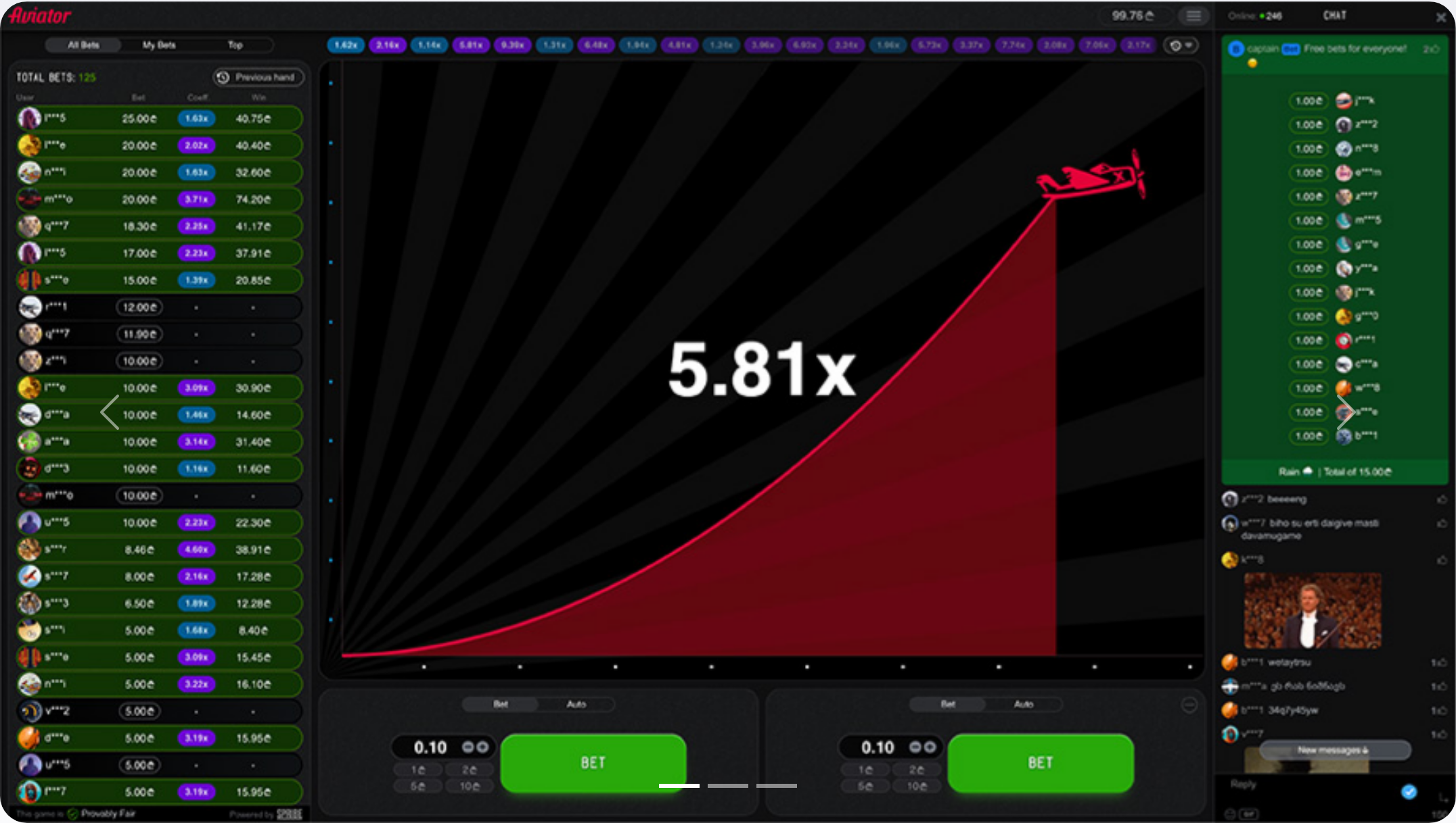 Official Aviator illustration showing a 5.81x multiplier, multiplier history and two 0.10 bet panels