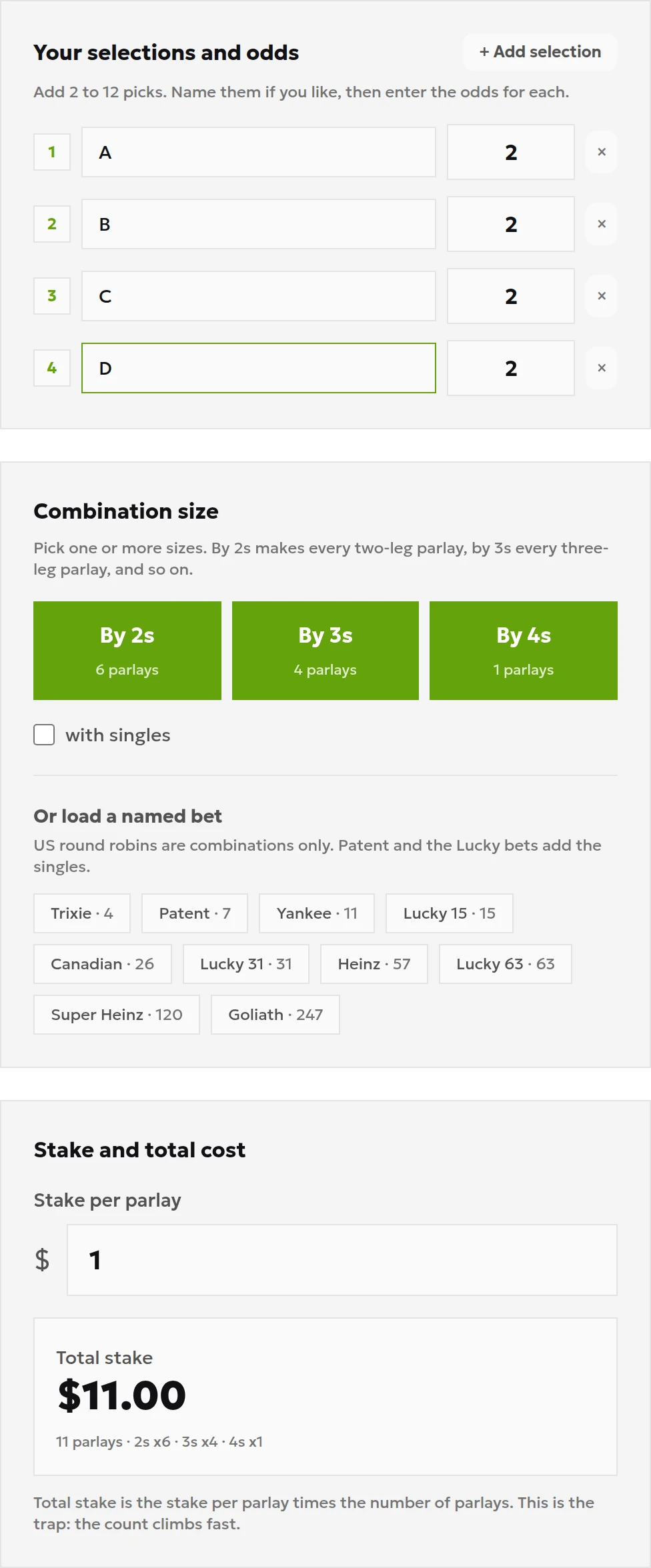 Round robin calculator inputs with four odds of 2, doubles, trebles and fourfolds selected, and stake per parlay of 1