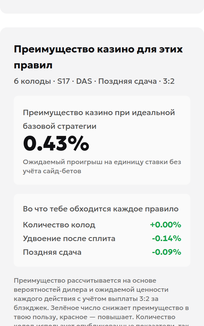 Локальный интерфейс калькулятора на русском языке: преимущество казино 0.43% для выбранных правил