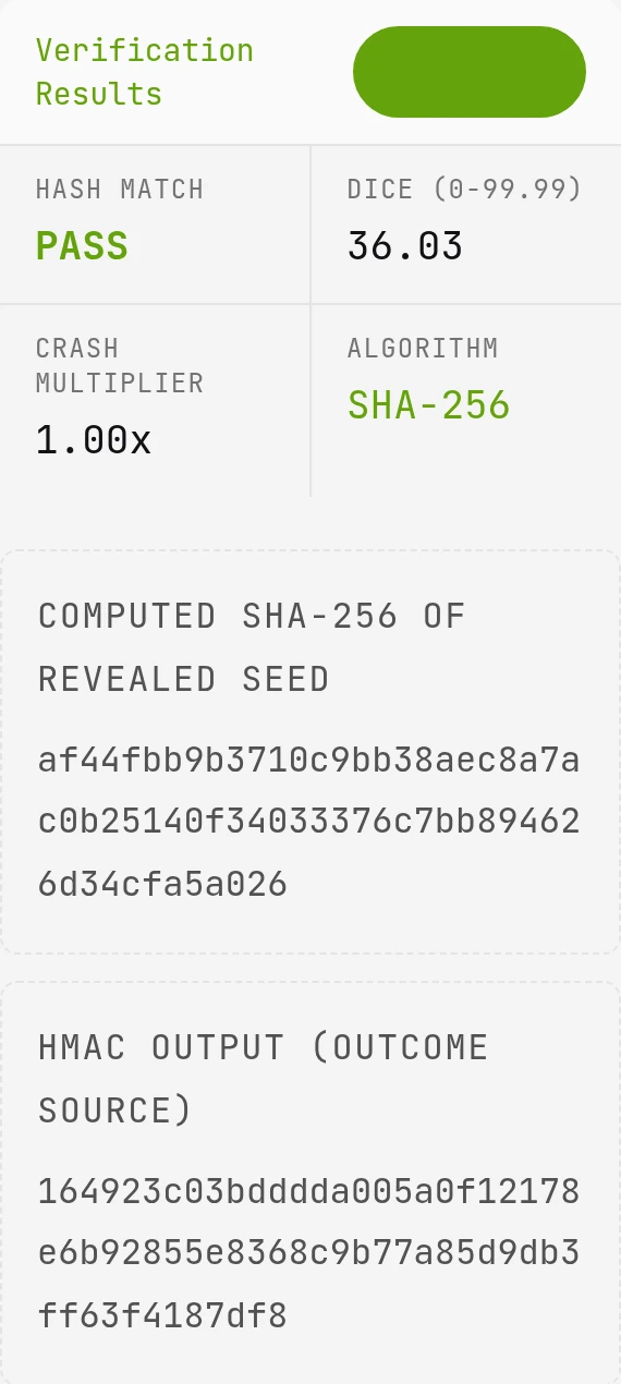 Local verification result showing PASS, the full computed SHA-256 hash, inline HMAC and Dice display of 36.03