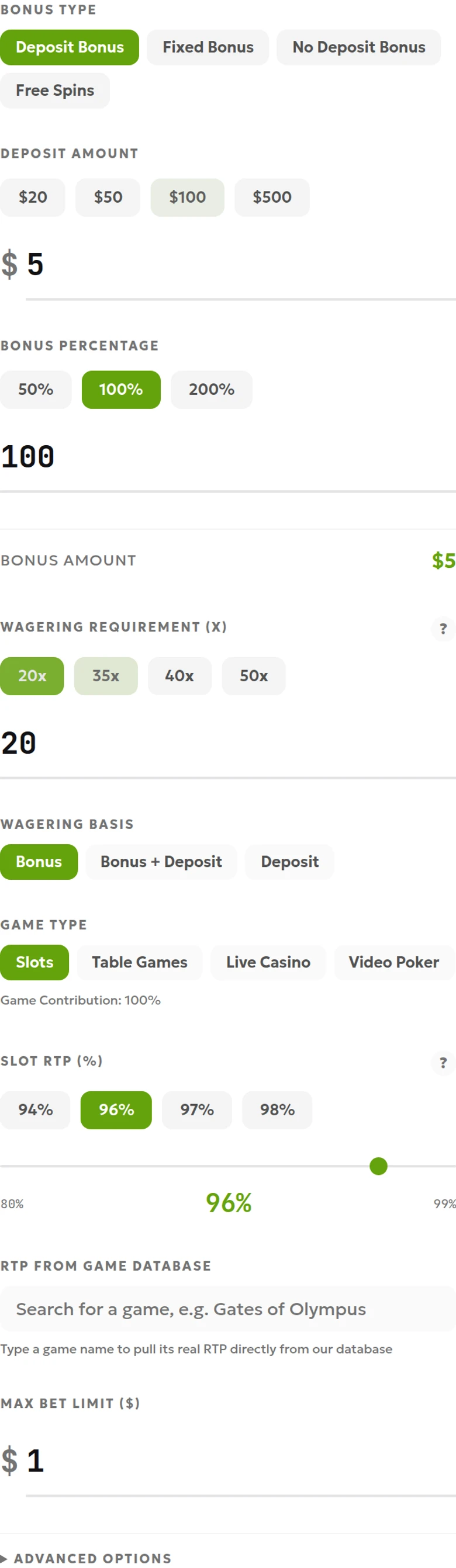 English calculator inputs for a hypothetical $5 deposit, 100% deposit match, 20× bonus-only wagering requirements and 96% RTP